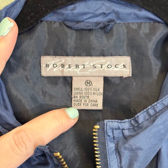 Vintage 80s 90s Robert Stock Bomber Jacket Mens Medium Blue 100% Silk Full Zip - Picture 6 of 7